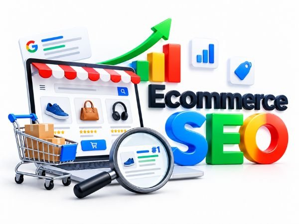 Ecommerce SEO with product search optimization, rankings, shopping cart, analytics, and organic traffic growth.