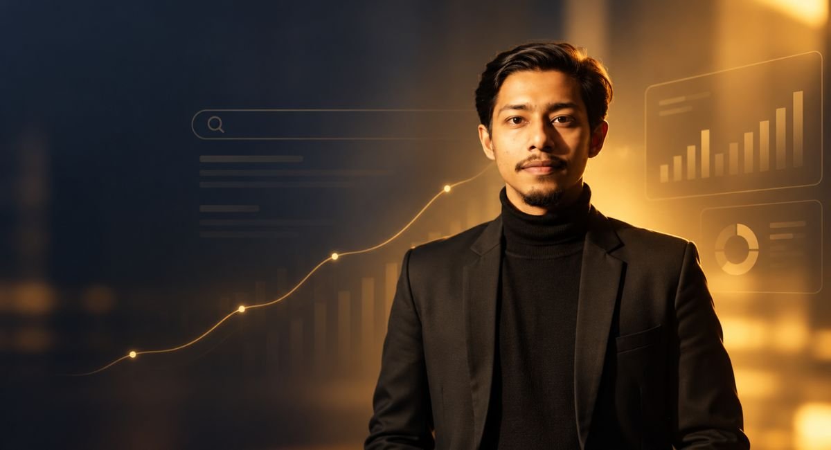 Rakib Sarker, Answer Engine Optimization (AEO) in a black suit with search analytics and organic visibility graphics.