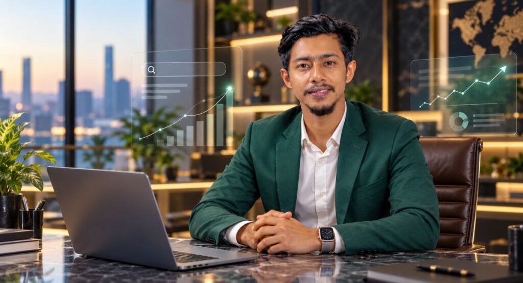Rakib Sarker in a green blazer at a professional workspace with SEO analytics and search visibility graphics.