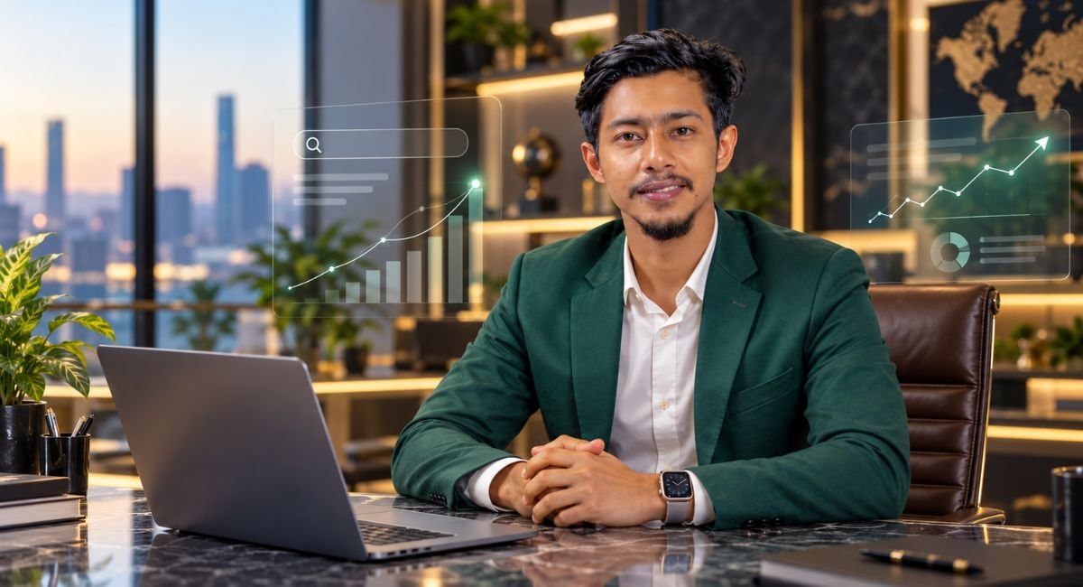 Rakib Sarker in a green blazer at a professional workspace with SEO analytics and search visibility graphics.