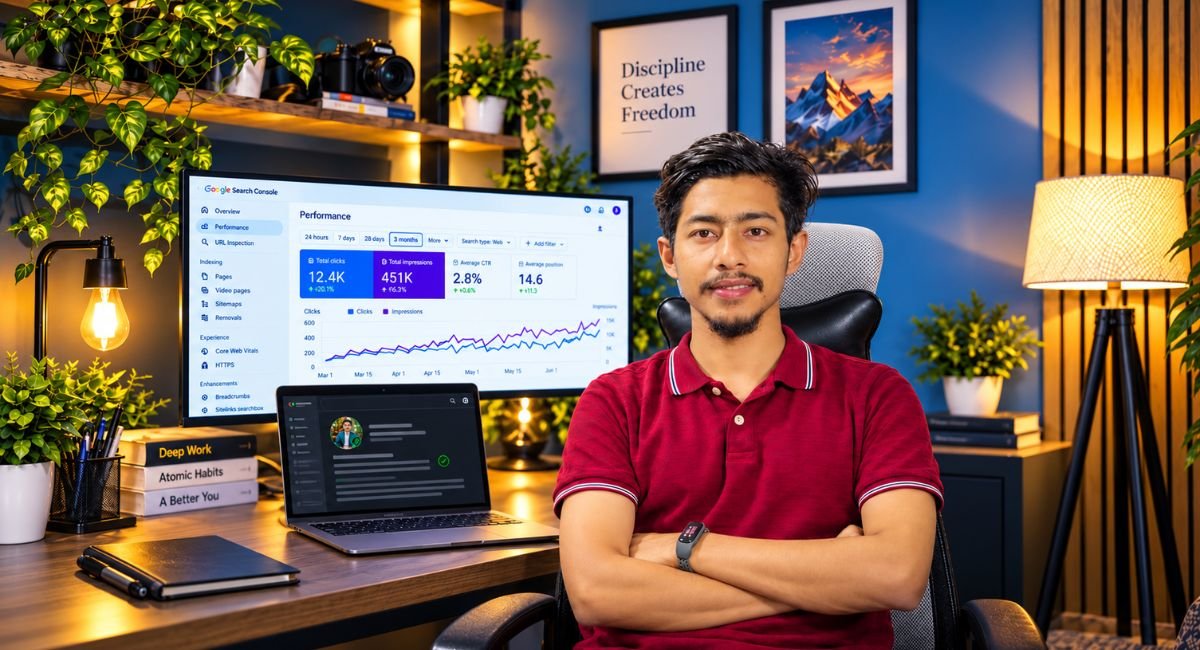 Rakib Sarker, SEO Consultant, at his workspace with Google Search Console analytics and an SEO dashboard.